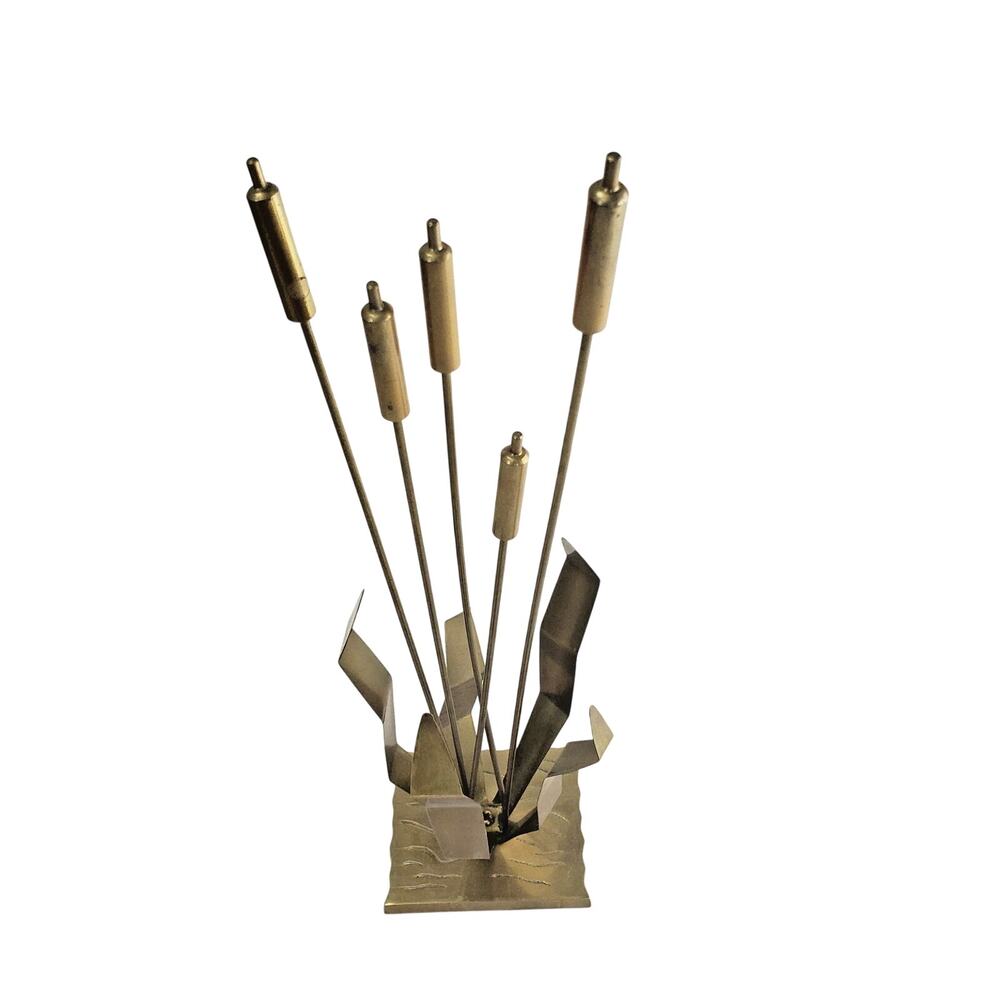 Vintage Brass Cattail On Water Sculpture Mid Century Modern Home Decor 16” Tall - Picture 3 of 10